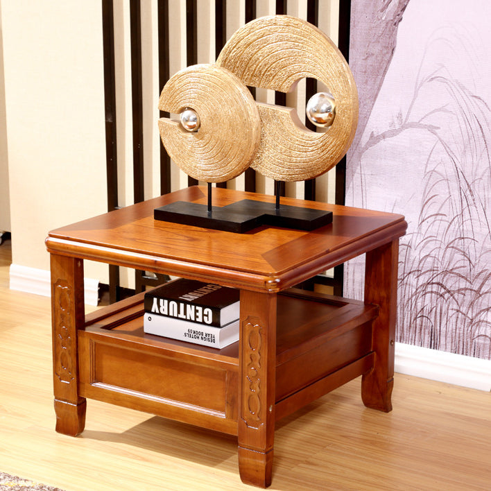 Traditional Chinese Antique Square Rubber Wood Solid Wood Side Table 2-Tier For Living Room