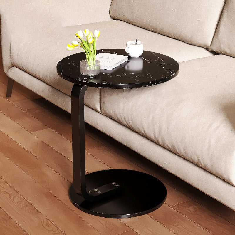 Moderner minimalistischer runder C-förmiger Massivholzplanken-Eisentisch für das Wohnzimmer 