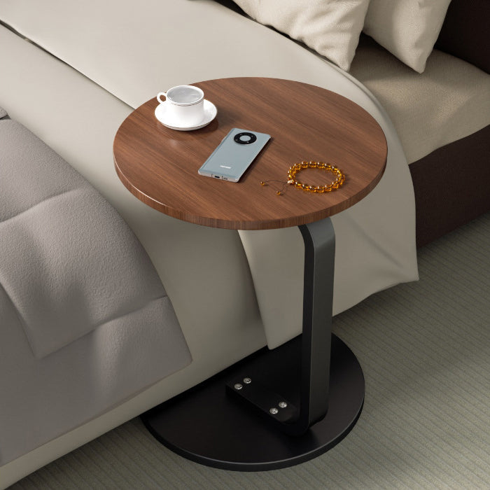 Moderner minimalistischer runder C-förmiger Massivholzplanken-Eisentisch für das Wohnzimmer 