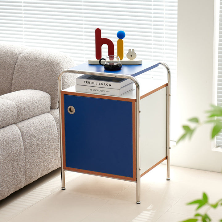 Contemporary Nordic Rectangular Wood Plate Stainless Steel Nightstand 1-Cabinet For Bedroom