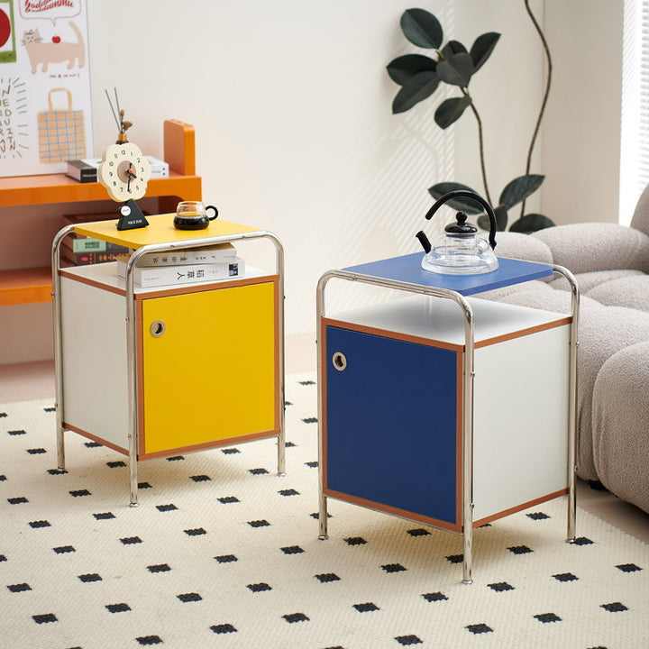 Contemporary Nordic Rectangular Wood Plate Stainless Steel Nightstand 1-Cabinet For Bedroom
