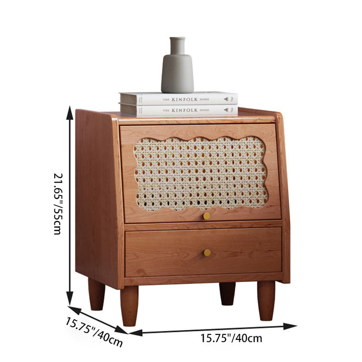 Traditional Vintage Trapezoidal Rubberwood Rattan Pine Plywood Nightstand 1-Storage 1-Drawer For Bedroom