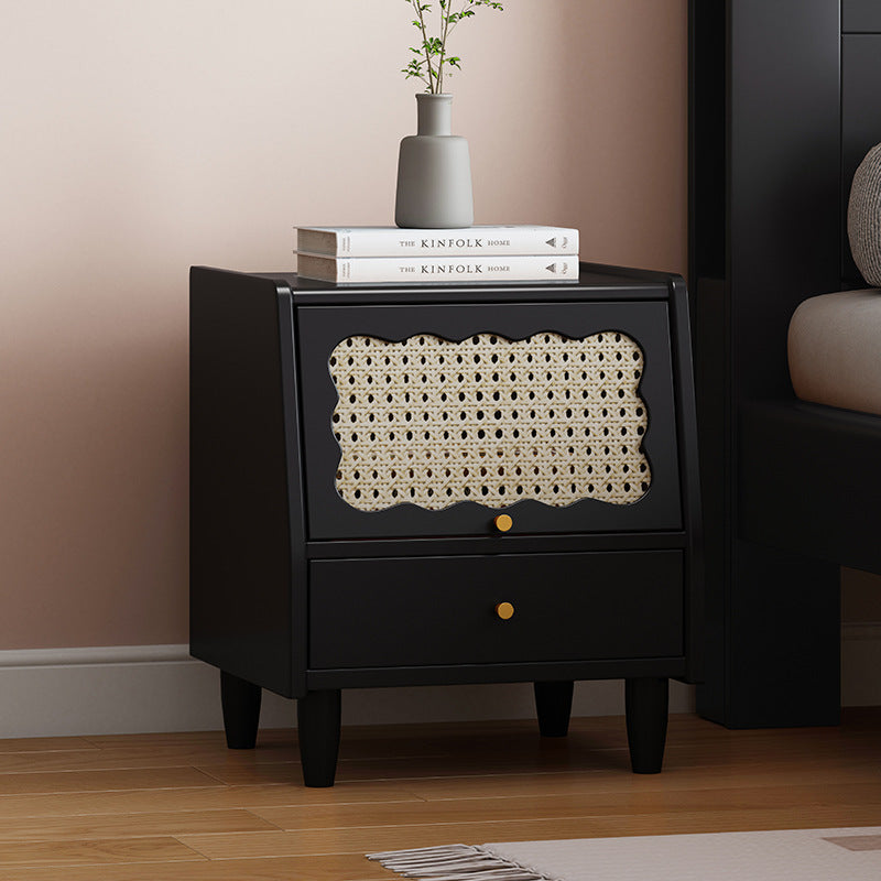 Traditional Vintage Trapezoidal Solid Wood Rattan Nightstand 1-Storage 1-Drawer For Bedroom