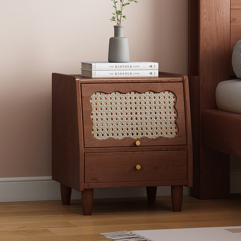 Traditional Vintage Trapezoidal Rubberwood Rattan Pine Plywood Nightstand 1-Storage 1-Drawer For Bedroom