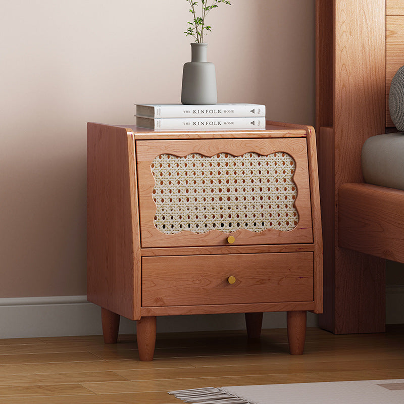 Traditional Vintage Trapezoidal Rubberwood Rattan Pine Plywood Nightstand 1-Storage 1-Drawer For Bedroom