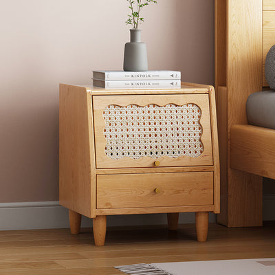 Traditional Vintage Trapezoidal Solid Wood Rattan Nightstand 1-Storage 1-Drawer For Bedroom