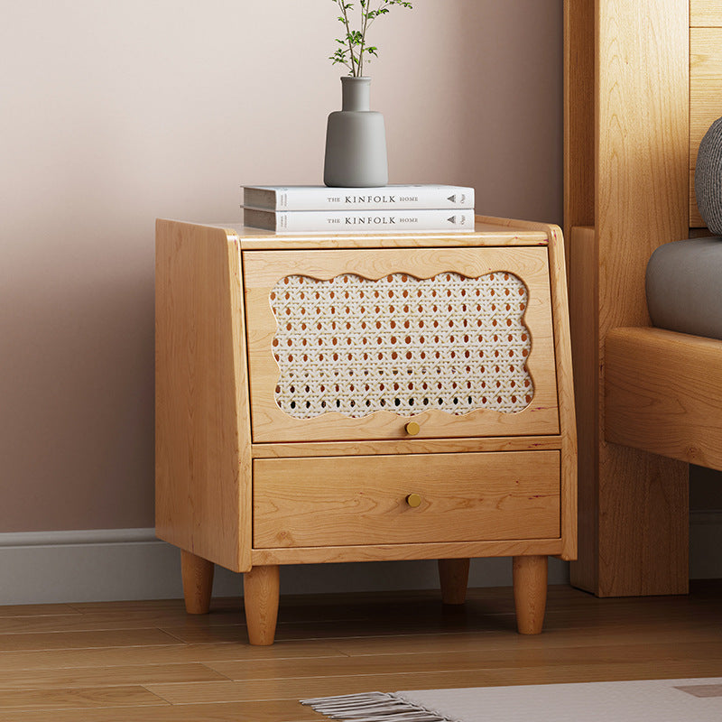 Traditional Vintage Trapezoidal Solid Wood Rattan Nightstand 1-Storage 1-Drawer For Bedroom