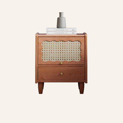 Traditional Vintage Trapezoidal Solid Wood Rattan Nightstand 1-Storage 1-Drawer For Bedroom
