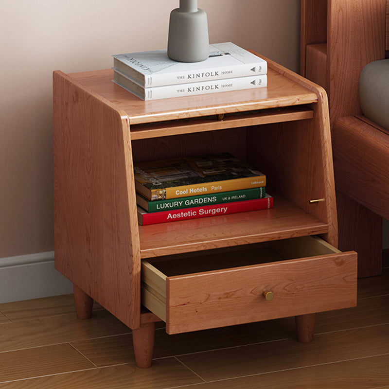 Traditional Vintage Trapezoidal Solid Wood Rattan Nightstand 1-Storage 1-Drawer For Bedroom