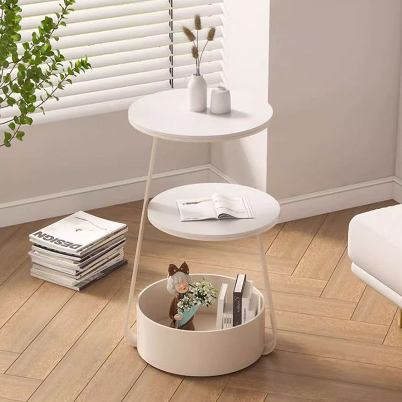 Mesa de café redonda de hierro minimalista moderna en color crema con dos niveles y un almacenamiento para la sala de estar 