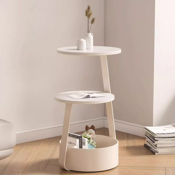Table basse en fer minimaliste moderne crème ronde avec dalle en pierre, 2 niveaux, 1 rangement pour salon 
