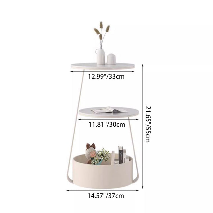 Table basse en fer minimaliste moderne crème ronde avec dalle en pierre, 2 niveaux, 1 rangement pour salon 