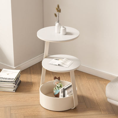 Mesa de café redonda de hierro minimalista moderna en color crema con dos niveles y un almacenamiento para la sala de estar 