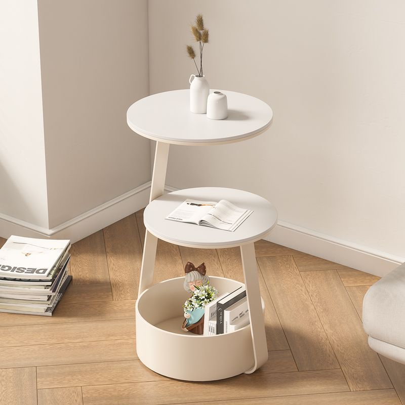 Mesa de café redonda de hierro minimalista moderna en color crema con dos niveles y un almacenamiento para la sala de estar 