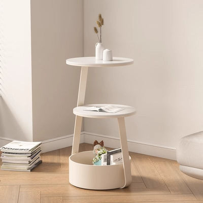Mesa de café redonda de hierro minimalista moderna en color crema con dos niveles y un almacenamiento para la sala de estar 