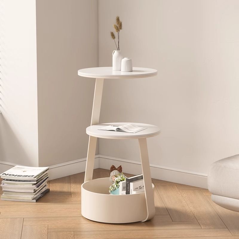 Mesa de café redonda de hierro minimalista moderna en color crema con dos niveles y un almacenamiento para la sala de estar 
