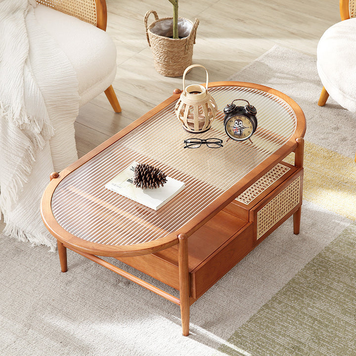 Table basse ovale rectangulaire en verre, bois et rotin japonais traditionnel à 2 niveaux et 2 tiroirs pour salon 