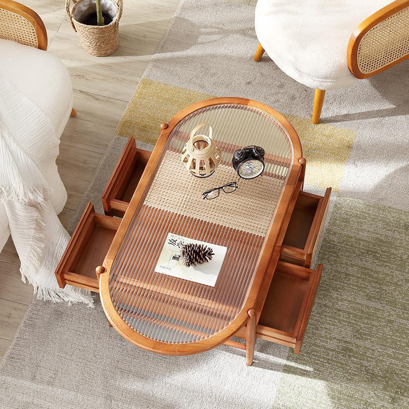Table basse ovale rectangulaire en verre, bois et rotin japonais traditionnel à 2 niveaux et 2 tiroirs pour salon 