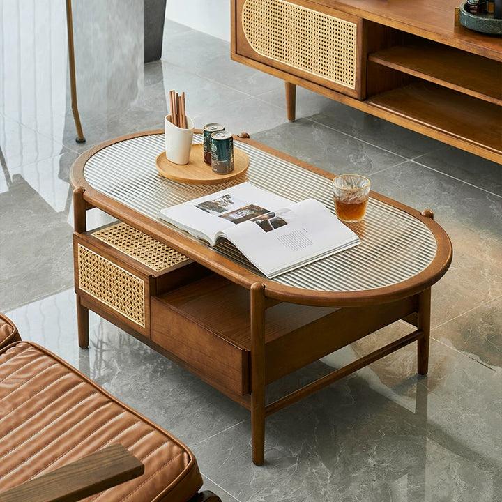 Table basse ovale rectangulaire en verre, bois et rotin japonais traditionnel à 2 niveaux et 2 tiroirs pour salon 