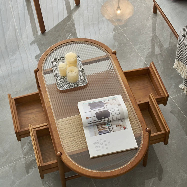 Table basse ovale rectangulaire en verre, bois et rotin japonais traditionnel à 2 niveaux et 2 tiroirs pour salon 