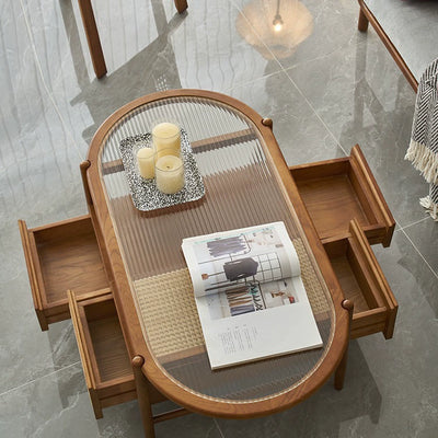 Traditional Japanese Oval Rectangular Glass Wooden Rattan Coffee Table 2-Tier 2-Drawer For Living Room