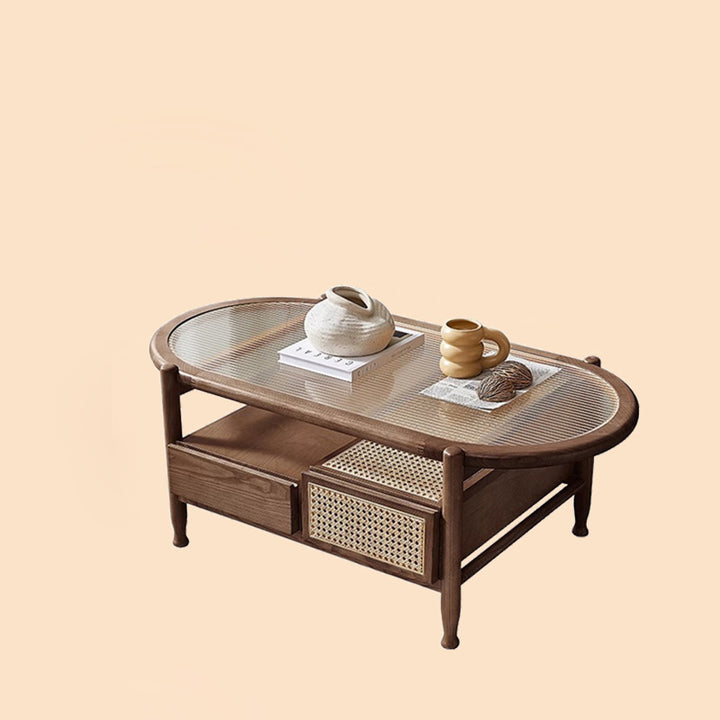 Table basse ovale rectangulaire en verre, bois et rotin japonais traditionnel à 2 niveaux et 2 tiroirs pour salon 