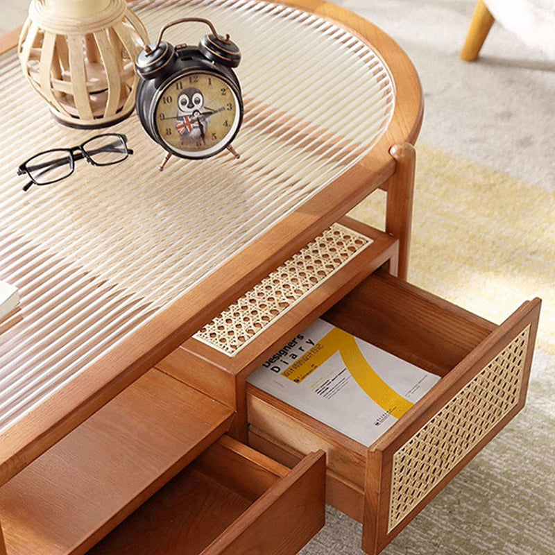 Traditional Japanese Oval Rectangular Glass Wooden Rattan Coffee Table 2-Tier 2-Drawer For Living Room