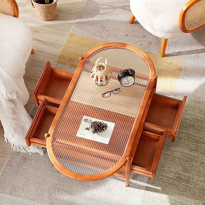 Table basse ovale rectangulaire en verre, bois et rotin japonais traditionnel à 2 niveaux et 2 tiroirs pour salon 