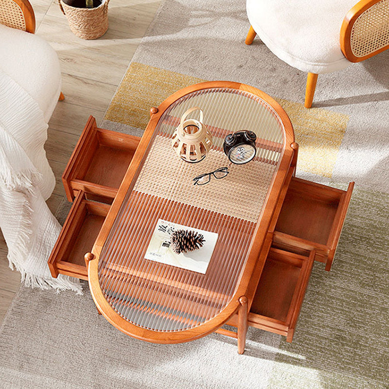 Traditional Japanese Oval Rectangular Glass Wooden Rattan Coffee Table 2-Tier 2-Drawer For Living Room