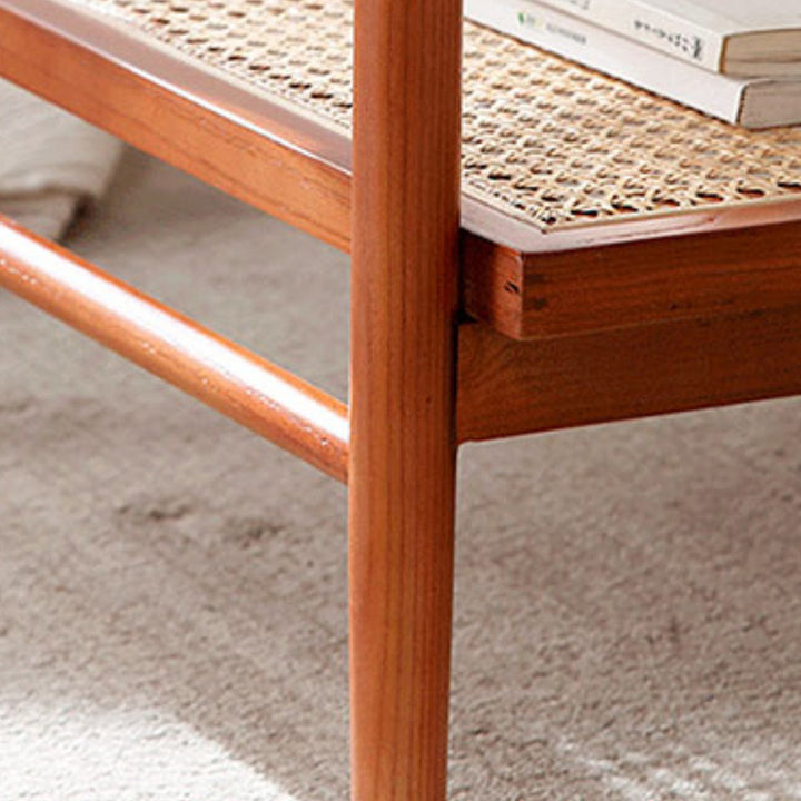 Table basse ovale rectangulaire en verre, bois et rotin japonais traditionnel à 2 niveaux et 2 tiroirs pour salon 