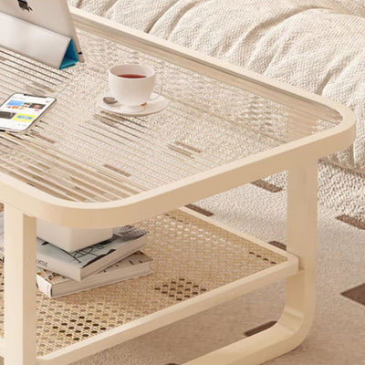 Modern Minimalist Rectangular Round Corner Glass Metal Frame Coffee Table 2-Tier For Living Room