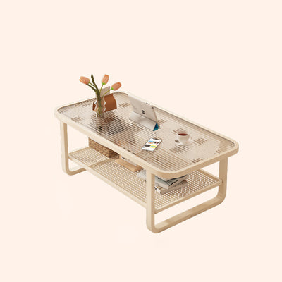 Modern Minimalist Rectangular Round Corner Glass Metal Frame Coffee Table 2-Tier For Living Room