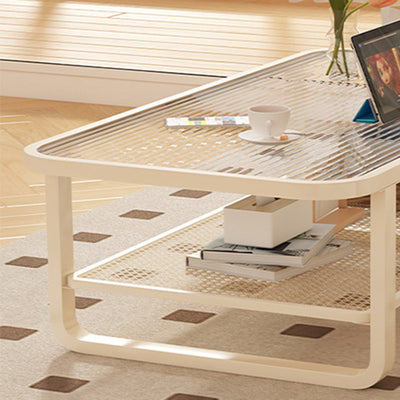Modern Minimalist Rectangular Round Corner Glass Metal Frame Coffee Table 2-Tier For Living Room