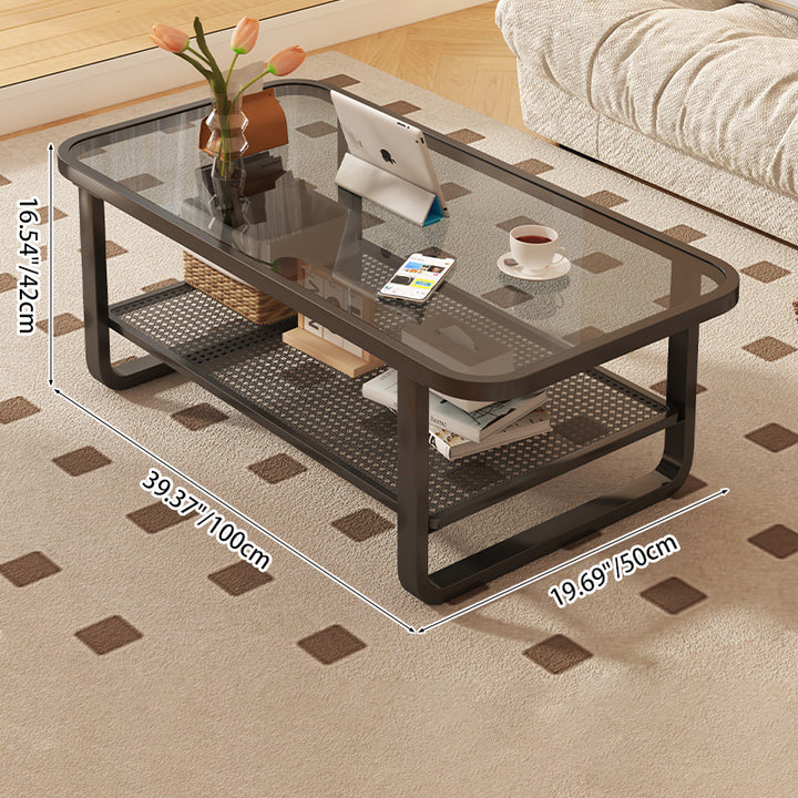 Table basse moderne minimaliste rectangulaire à coins ronds avec cadre en métal et verre à 2 niveaux pour le salon 