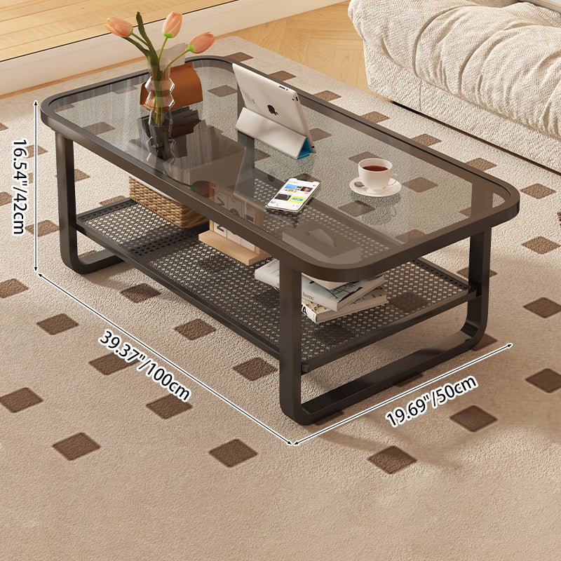 Modern Minimalist Rectangular Round Corner Glass Metal Frame Coffee Table 2-Tier For Living Room
