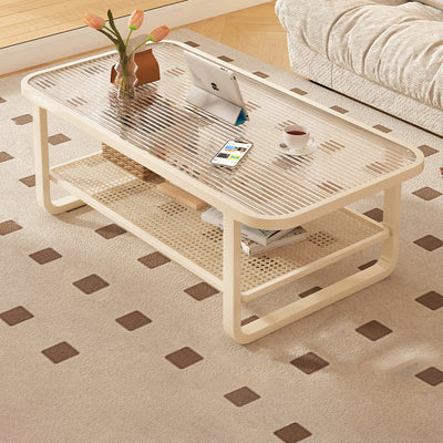 Modern Minimalist Rectangular Round Corner Glass Metal Frame Coffee Table 2-Tier For Living Room