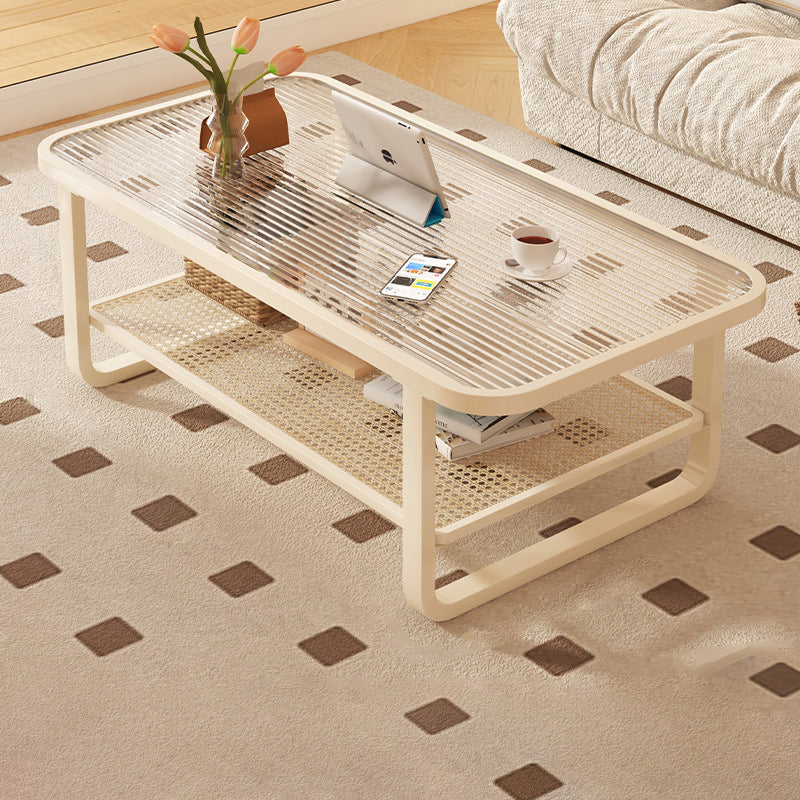 Modern Minimalist Rectangular Round Corner Glass Metal Frame Coffee Table 2-Tier For Living Room