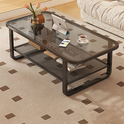 Modern Minimalist Rectangular Round Corner Glass Metal Frame Coffee Table 2-Tier For Living Room
