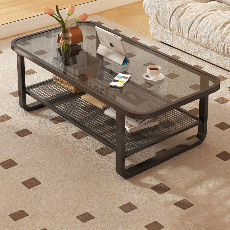 Modern Minimalist Rectangular Round Corner Glass Metal Frame Coffee Table 2-Tier For Living Room