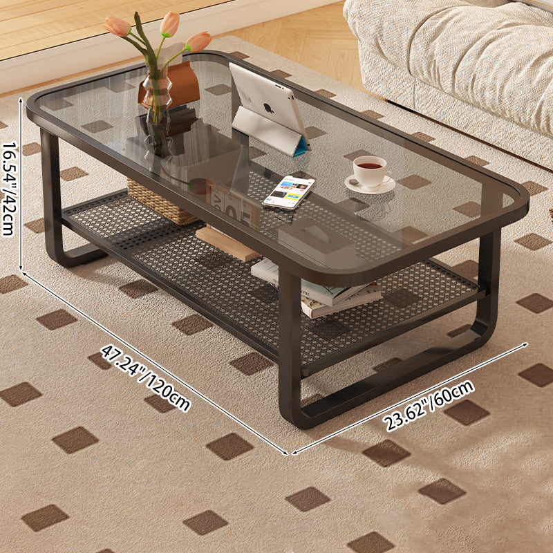 Modern Minimalist Rectangular Round Corner Glass Metal Frame Coffee Table 2-Tier For Living Room
