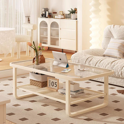 Modern Minimalist Rectangular Round Corner Glass Metal Frame Coffee Table 2-Tier For Living Room