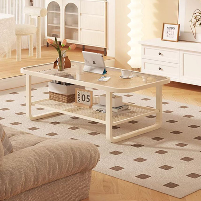 Modern Minimalist Rectangular Round Corner Glass Metal Frame Coffee Table 2-Tier For Living Room