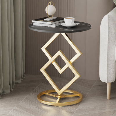 Mesa auxiliar de combinación moderna minimalista con base de diamante, losa redonda de roca y estructura de metal para sala de estar 