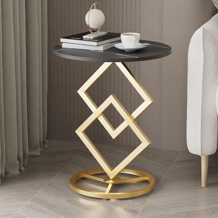 Mesa auxiliar de combinación moderna minimalista con base de diamante, losa redonda de roca y estructura de metal para sala de estar 
