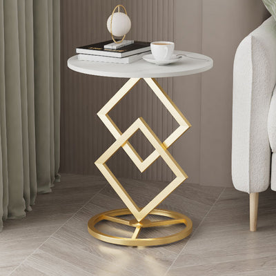 Mesa auxiliar de combinación moderna minimalista con base de diamante, losa redonda de roca y estructura de metal para sala de estar 