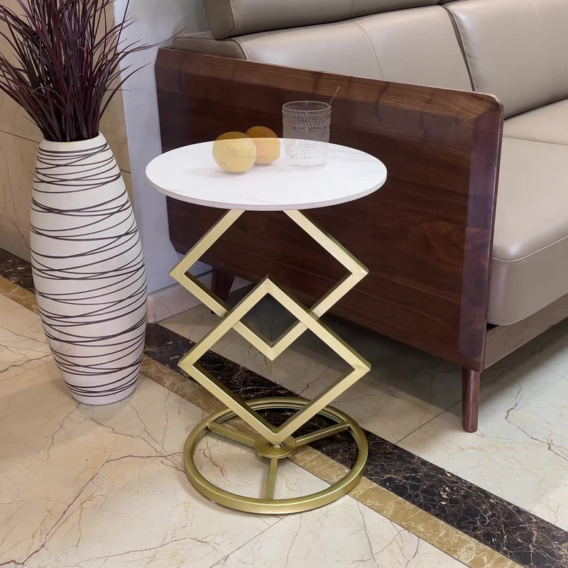 Mesa auxiliar de combinación moderna minimalista con base de diamante, losa redonda de roca y estructura de metal para sala de estar 