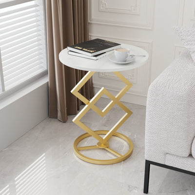 Mesa auxiliar de combinación moderna minimalista con base de diamante, losa redonda de roca y estructura de metal para sala de estar 