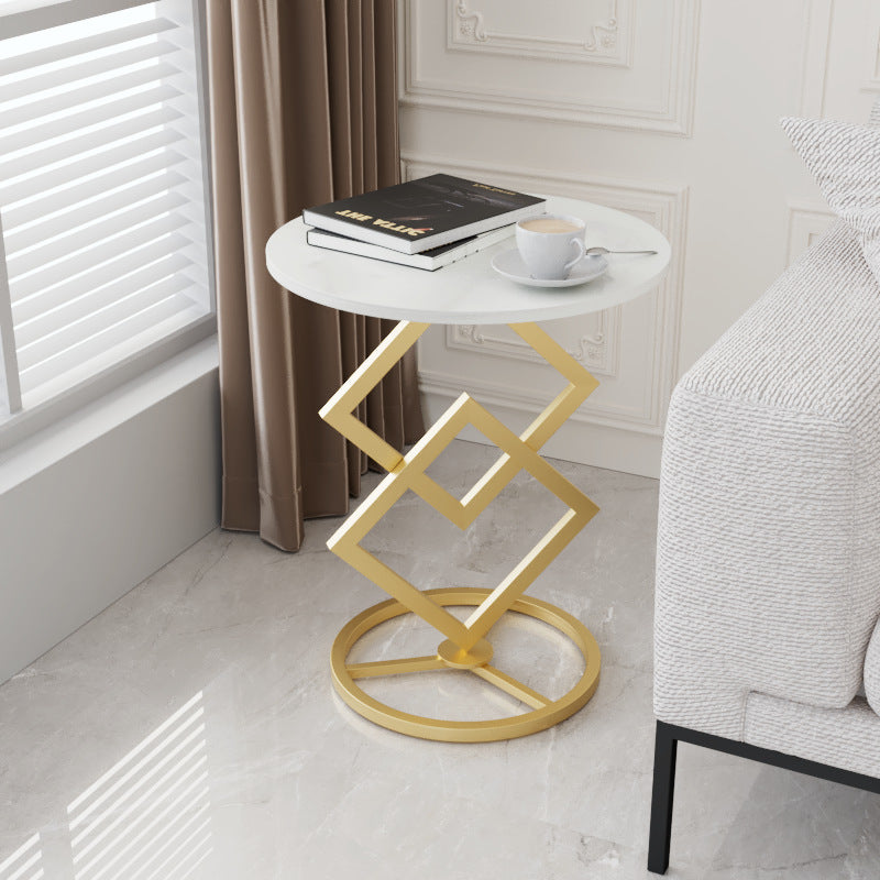 Mesa auxiliar de combinación moderna minimalista con base de diamante, losa redonda de roca y estructura de metal para sala de estar 