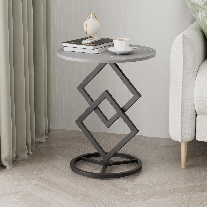 Mesa auxiliar de combinación moderna minimalista con base de diamante, losa redonda de roca y estructura de metal para sala de estar 