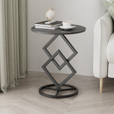 Mesa auxiliar de combinación moderna minimalista con base de diamante, losa redonda de roca y estructura de metal para sala de estar 